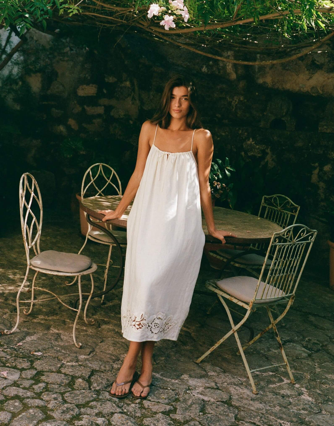 Peony Embroidered Midi Dress in Gardenia linen midi dress with straight neckline and floral embroidered hem