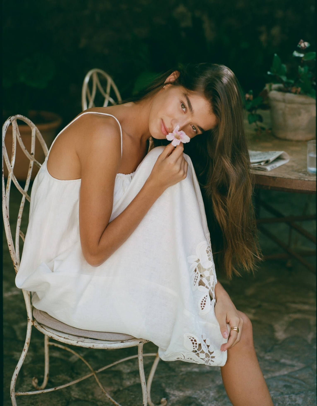 Peony Embroidered Midi Dress in Gardenia linen midi dress with straight neckline and floral embroidered hem