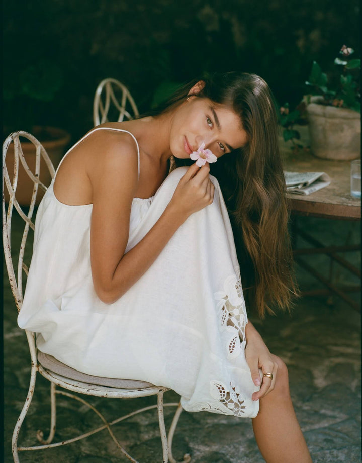 Peony Embroidered Midi Dress in Gardenia linen midi dress with straight neckline and floral embroidered hem