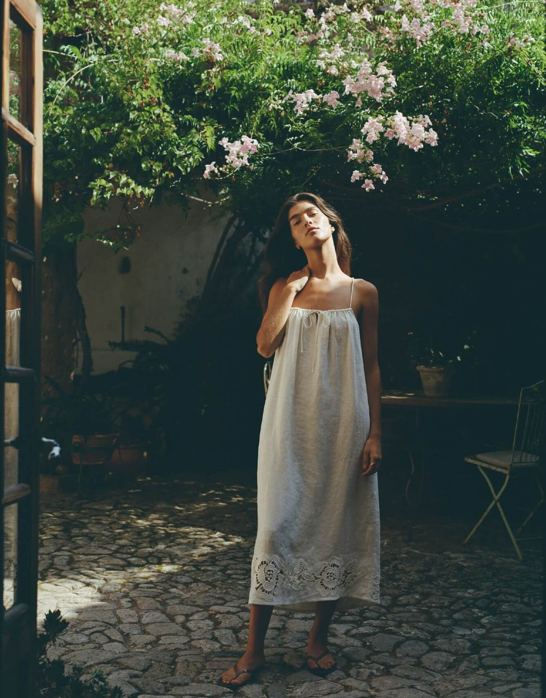 Peony Embroidered Midi Dress in Gardenia linen midi dress with straight neckline and floral embroidered hem