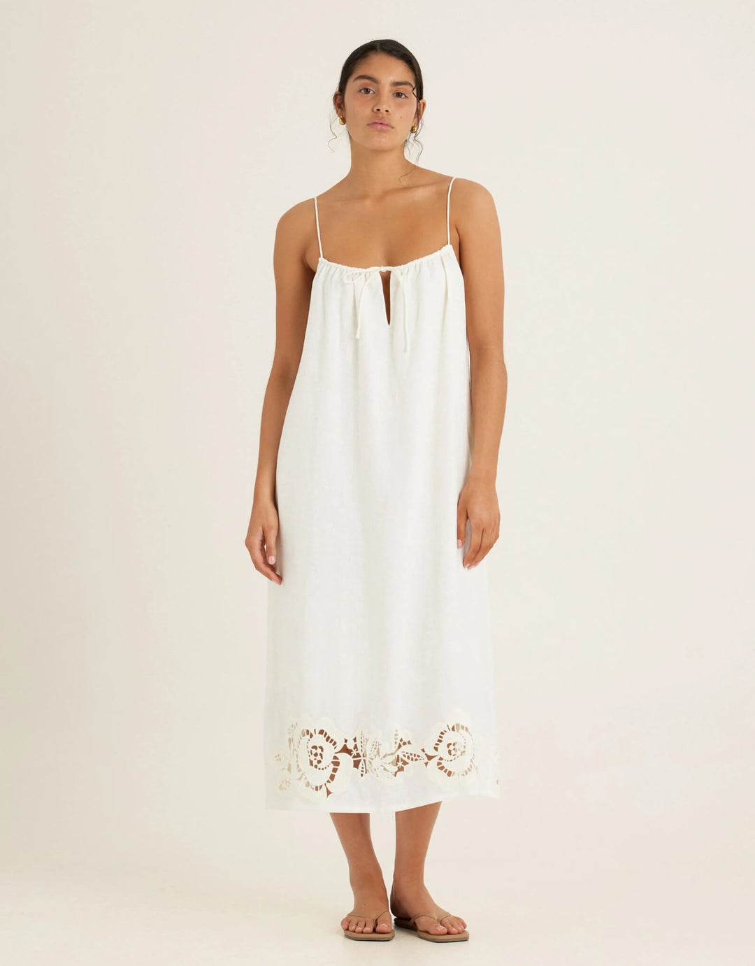 Peony Embroidered Midi Dress in Gardenia linen midi dress with straight neckline and floral embroidered hem