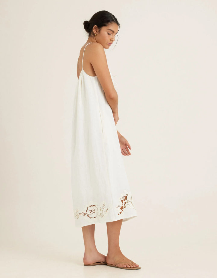 Peony Embroidered Midi Dress in Gardenia linen midi dress with straight neckline and floral embroidered hem