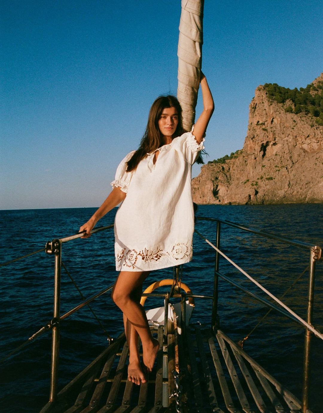 Peony Embroidered Poets Mini Dress in Gardenia linen mini dress with puff sleeves and floral embroidered hem