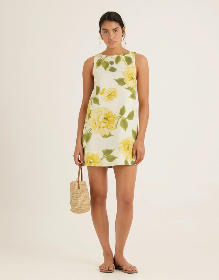 Peony Shift Mini Dress in Claire De Lune linen mini dress with high neckline and A-line silhouette