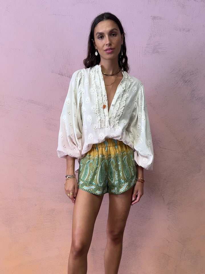 BOTEH Lucent Minimal Short in Amber linen with paisley print, elastic waist, and side pockets