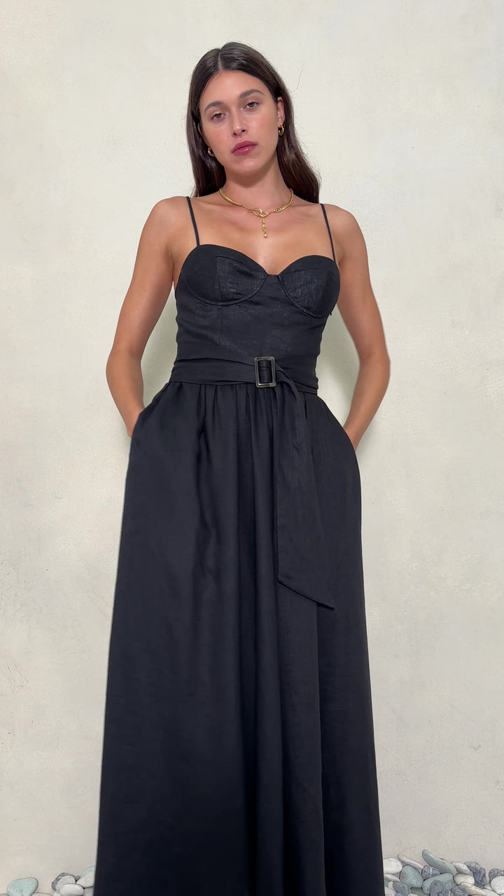 Boteh Alfresco Bodice Linen Maxi Dress Black