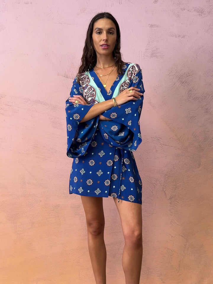 BOTEH Cerulea Silk Robe Dress in Zaffre Blue, 100% silk crêpe wrap mini dress with wide sleeves, video