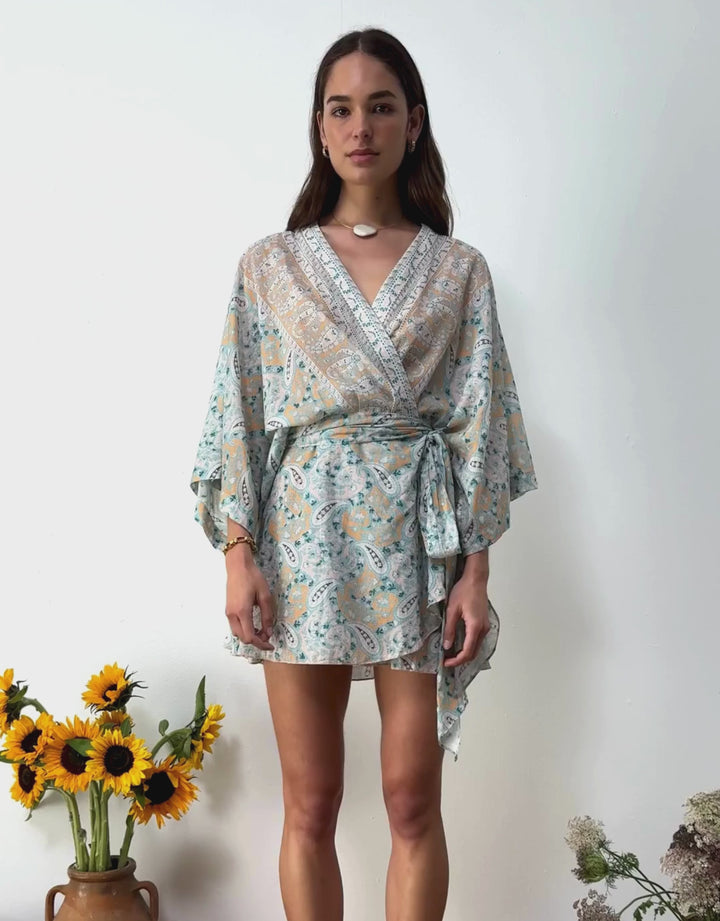 Boteh Kynthos Flared Robe Dress Chalky Pastels — model movement video