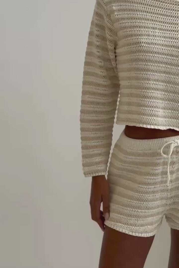 Zulu and Zephyr Cotton Lattice Knit top and Short Natural Stripe – video