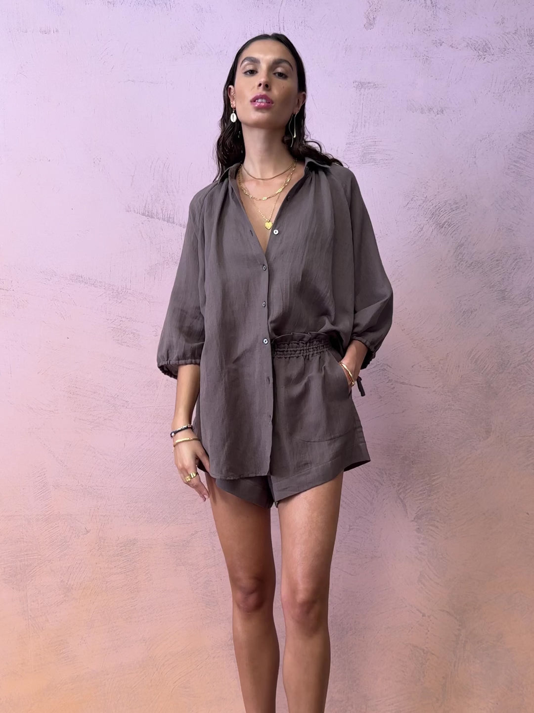 BOTEH La Ponche shirt and shorts set in Mocha