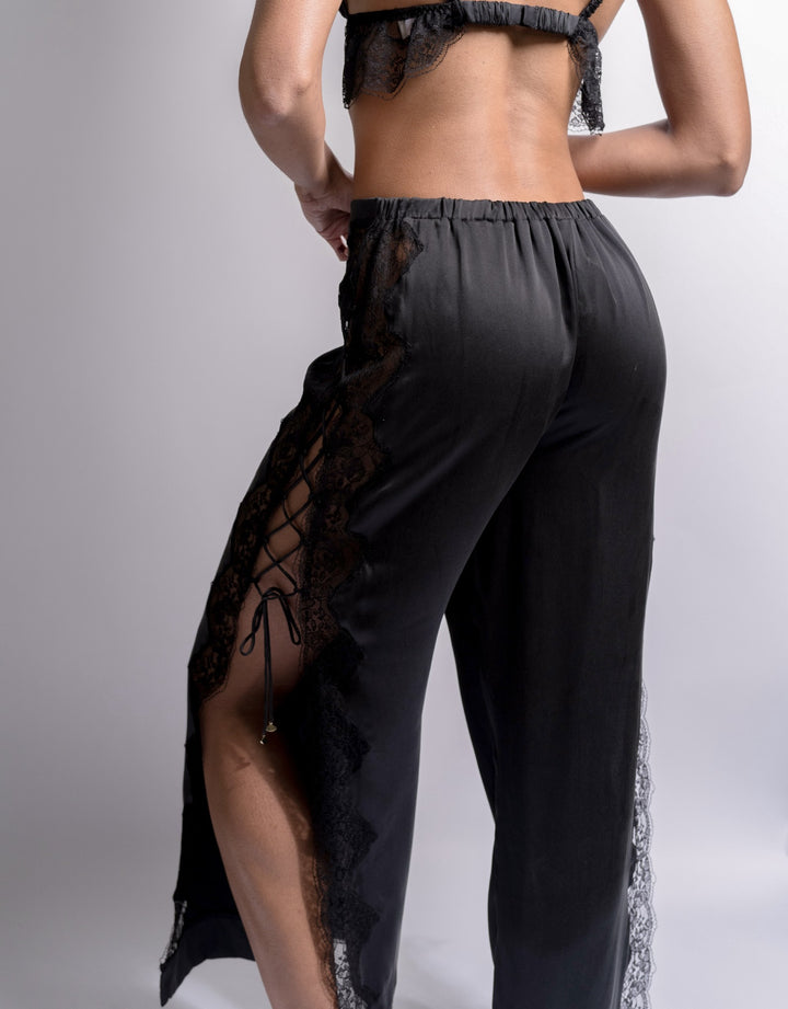 Shell Belle Couture Floral Silk & Lace Lounging Pant Black - Designer lingerie