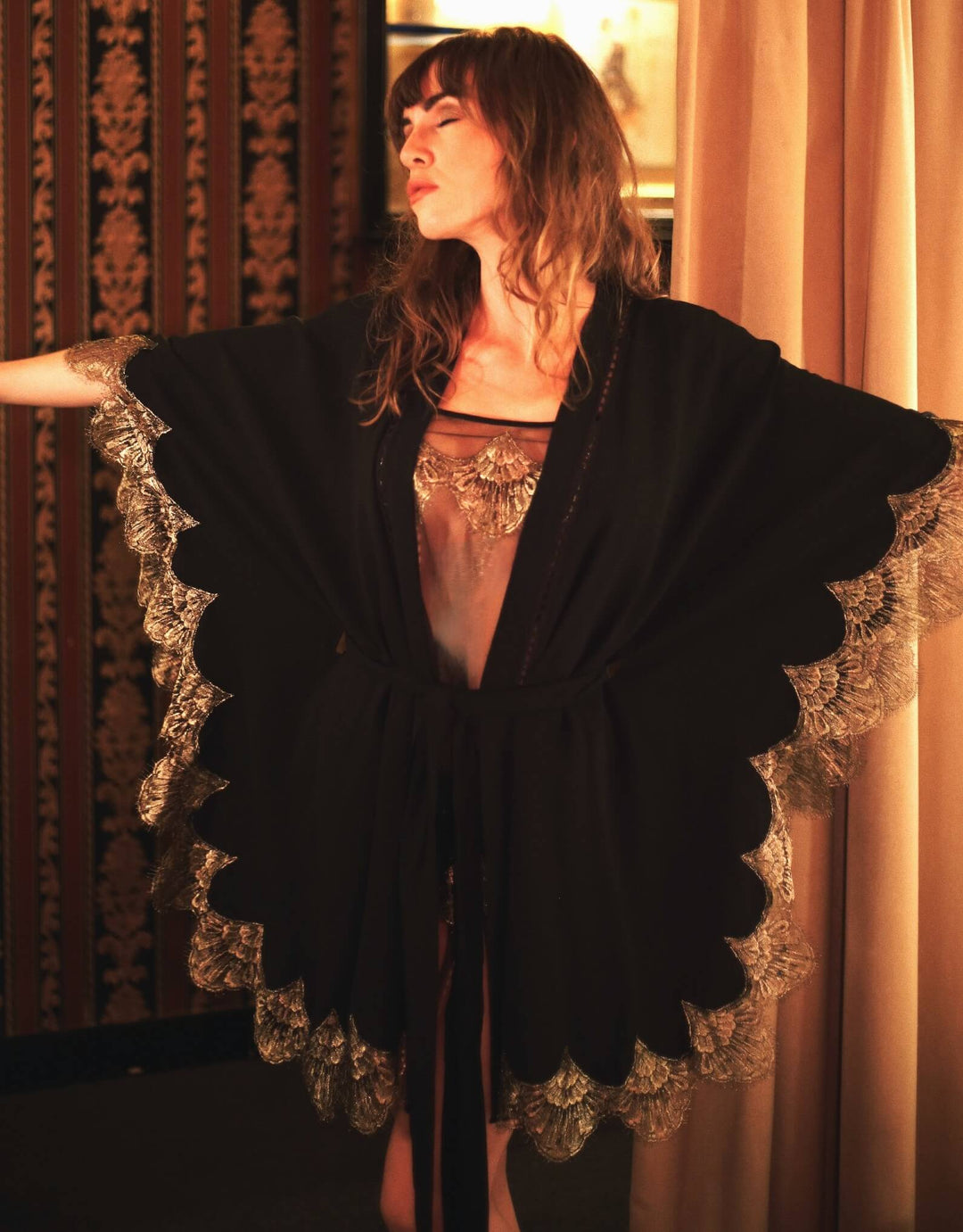 Gilded Lily Kimono, Black Silk and Gold Lace