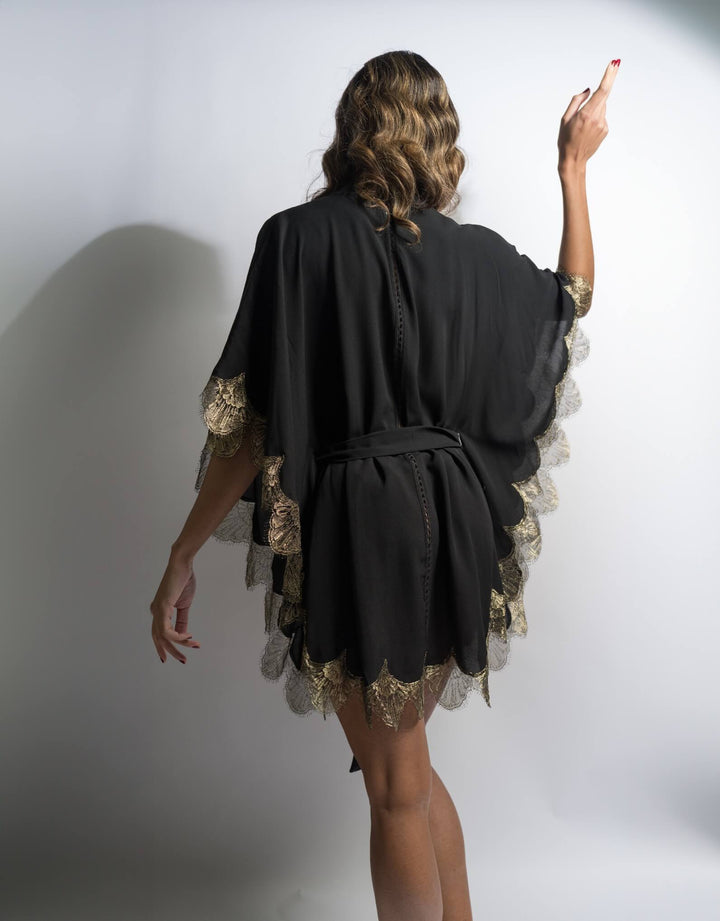 Gilded Lily Kimono, Black Silk and Gold Lace