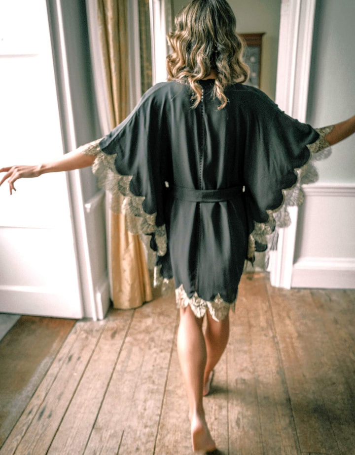 Gilded Lily Kimono, Black Silk and Gold Lace