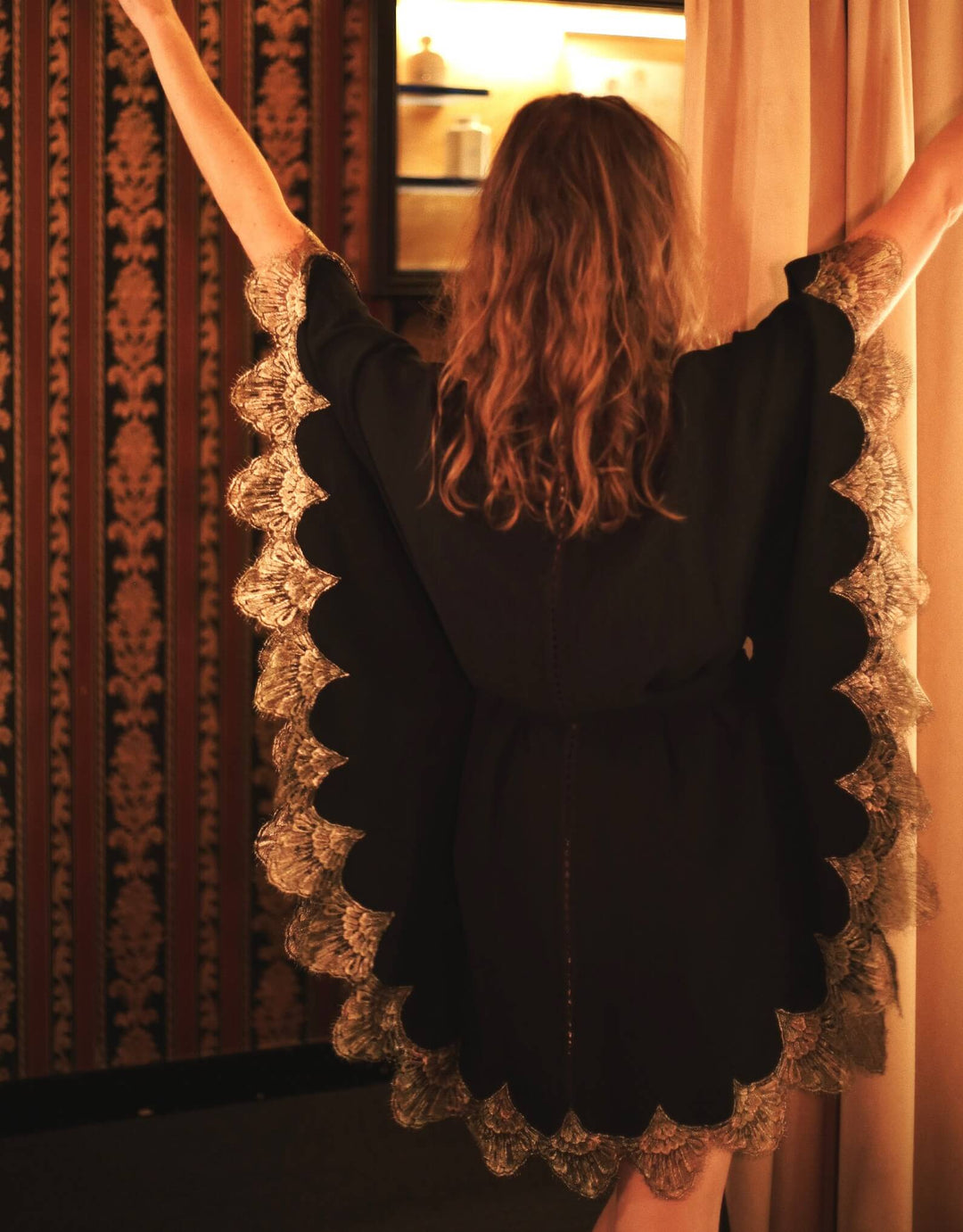 Gilded Lily Kimono, Black Silk and Gold Lace