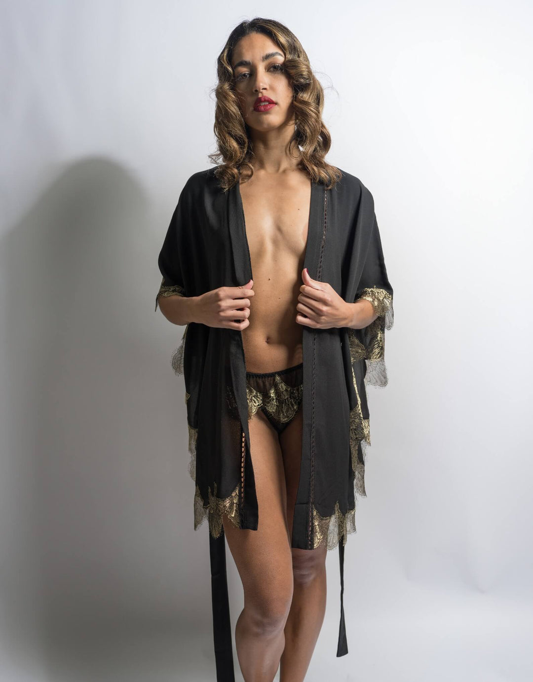 Gilded Lily Kimono, Black Silk and Gold Lace