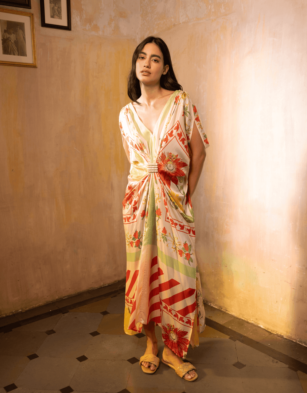 Verandah Hand Draped Gown — indoor lifestyle full-length view