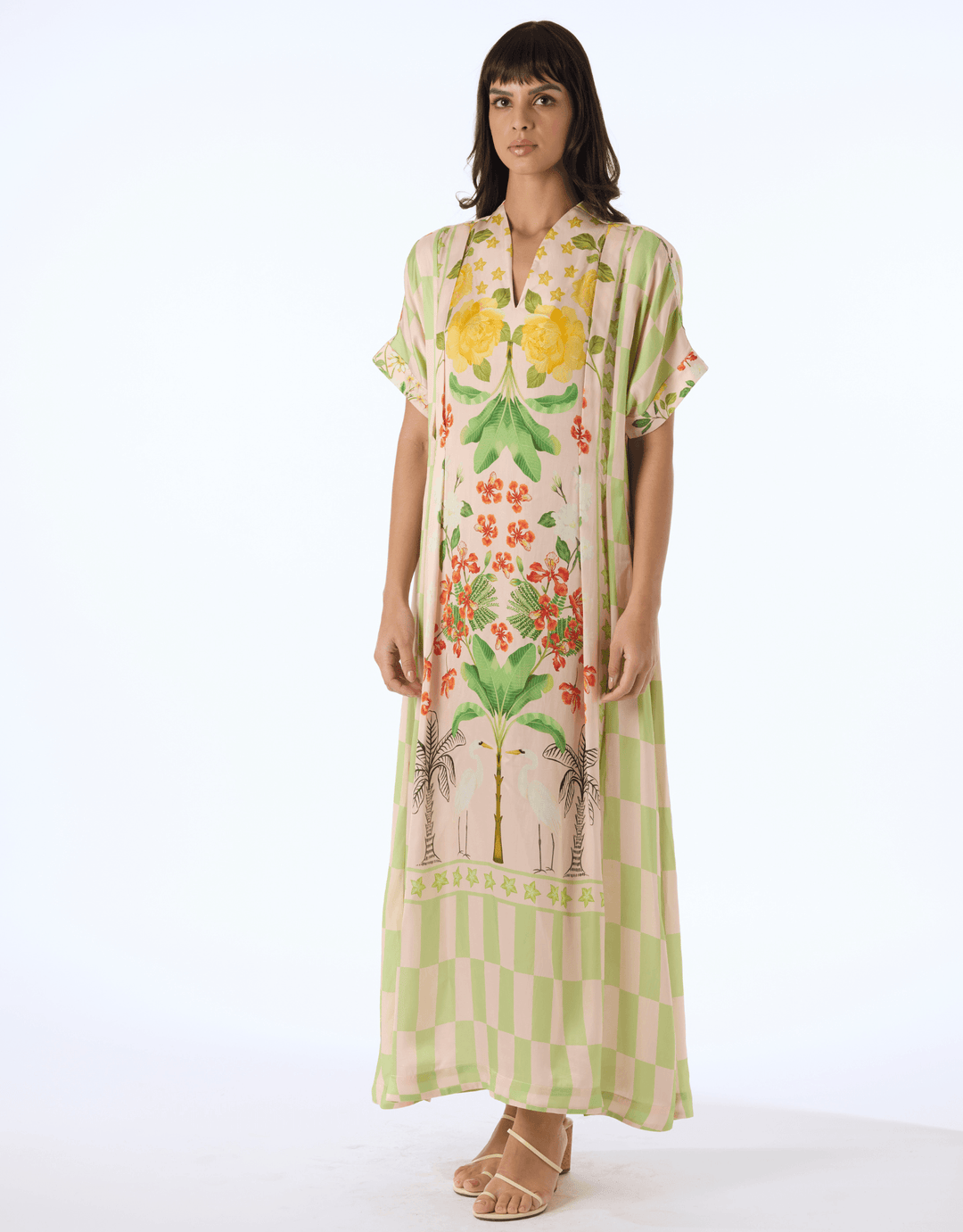 Verandah Hand Pleated Kaftan Dress — three-quarter front view
