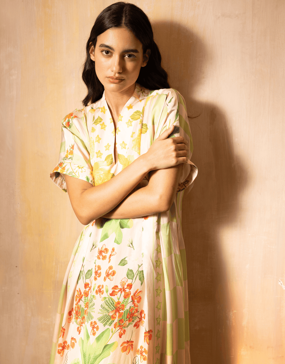 Verandah Hand Pleated Kaftan Dress — indoor lifestyle portrait view