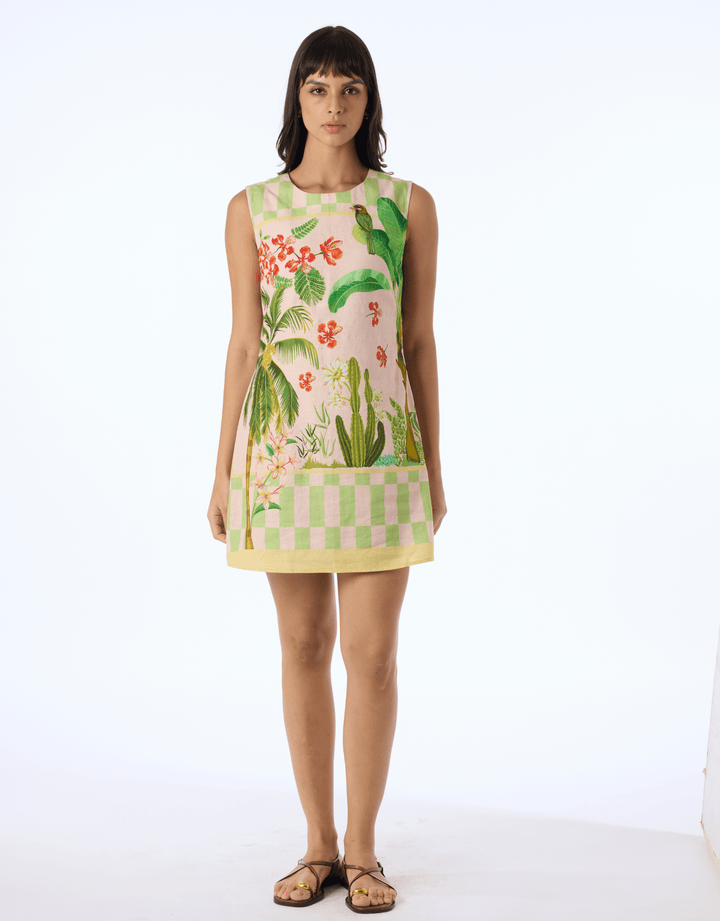 Verandah Linen Cotton Shift Mini Dress — front view
