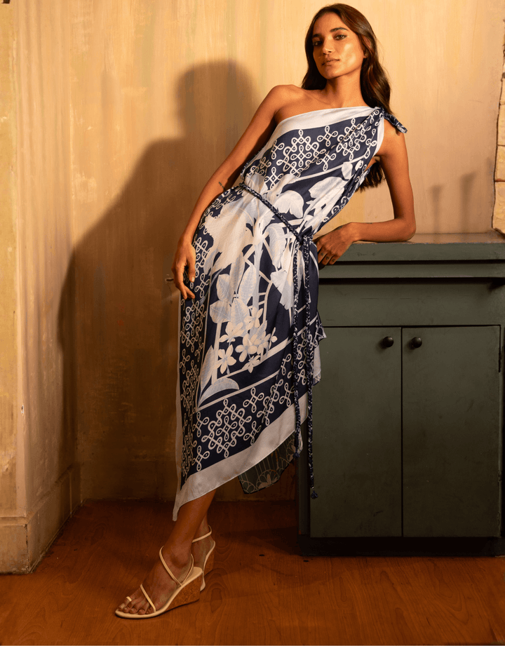 Verandah Multiway Scarf Blouse Dress — indoor lifestyle full-length view