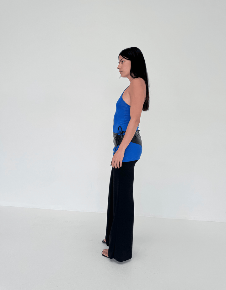 Sheer Knit Dress electric blue — side profile view
