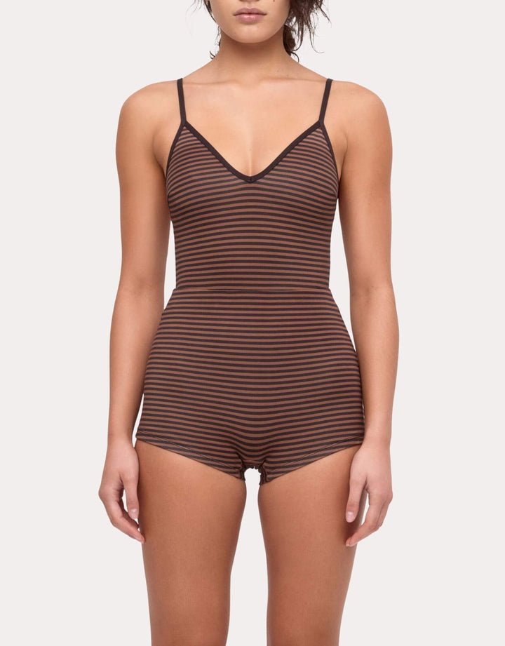 Zulu & Zephyr Bodysuit brown stripe — front close-up