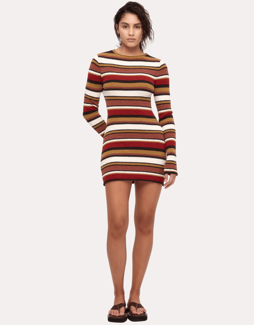Zulu & Zephyr Textured Knit Mini Dress earth stripe — multicolor stripe angled front view