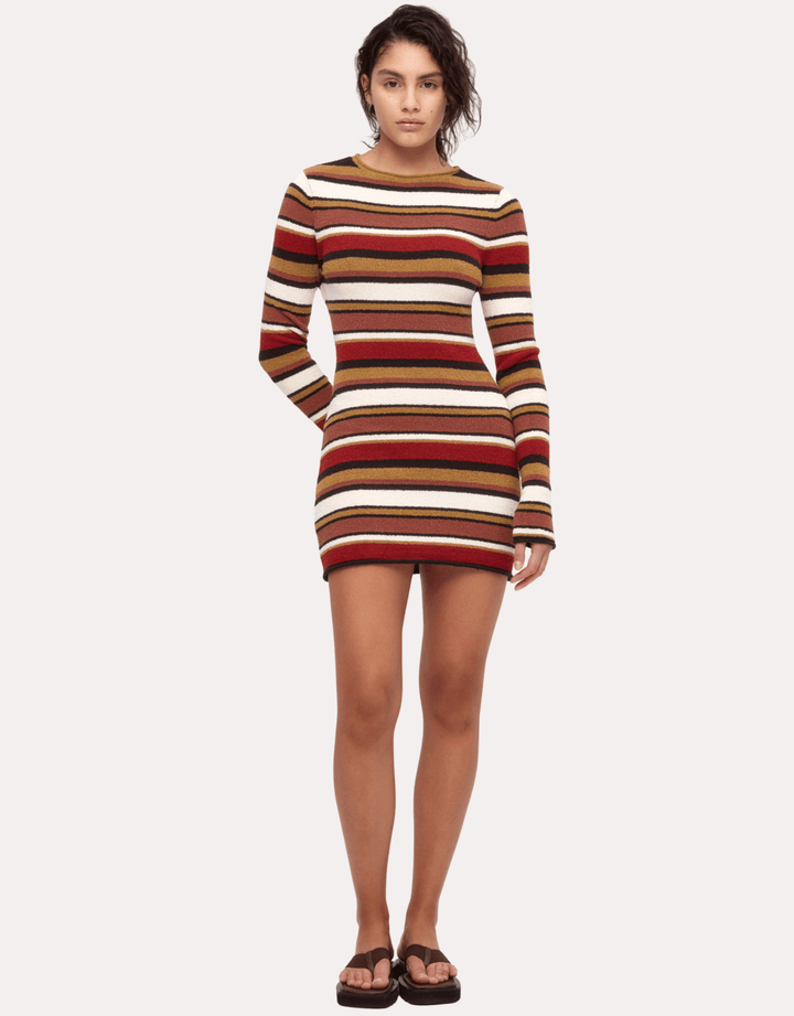 Zulu & Zephyr Textured Knit Mini Dress earth stripe — multicolor stripe angled front view