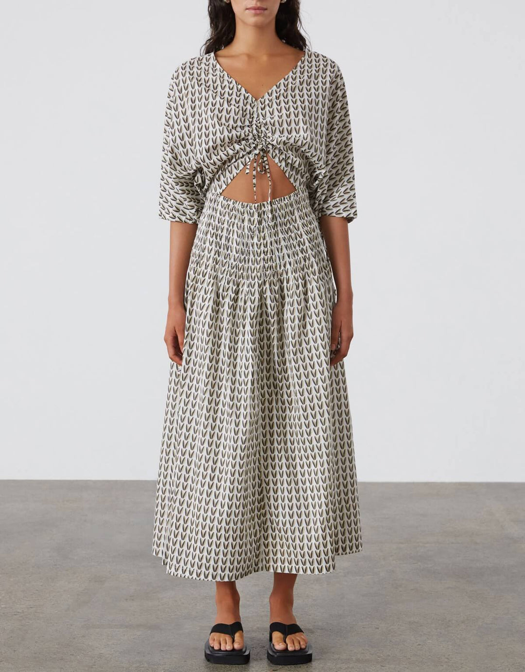 Zulu and Zephyr Pecan Rouched Organic Cotton Midi Dress