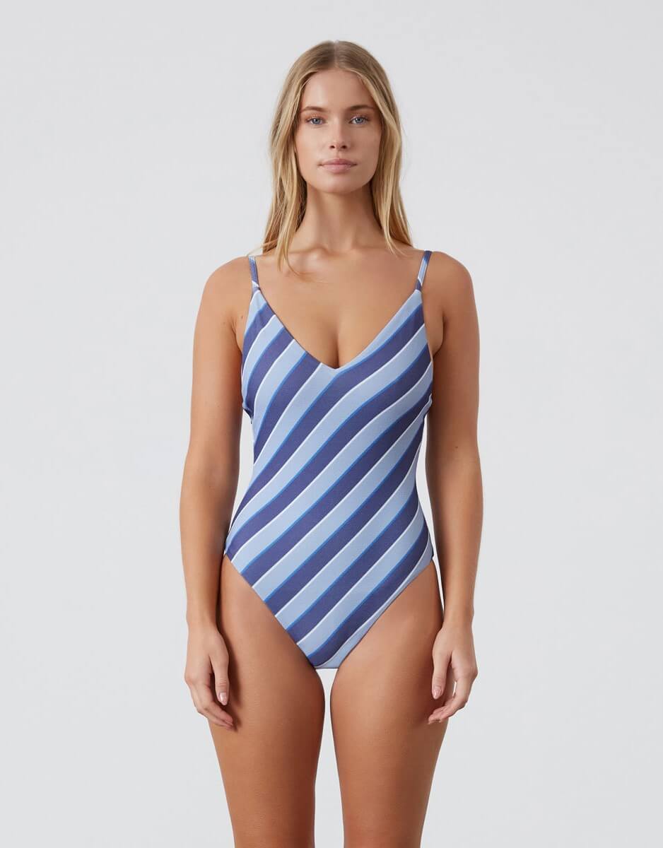 Zulu and Zephyr Horizon Stripe Textured One Piece Swimsuit - Blue