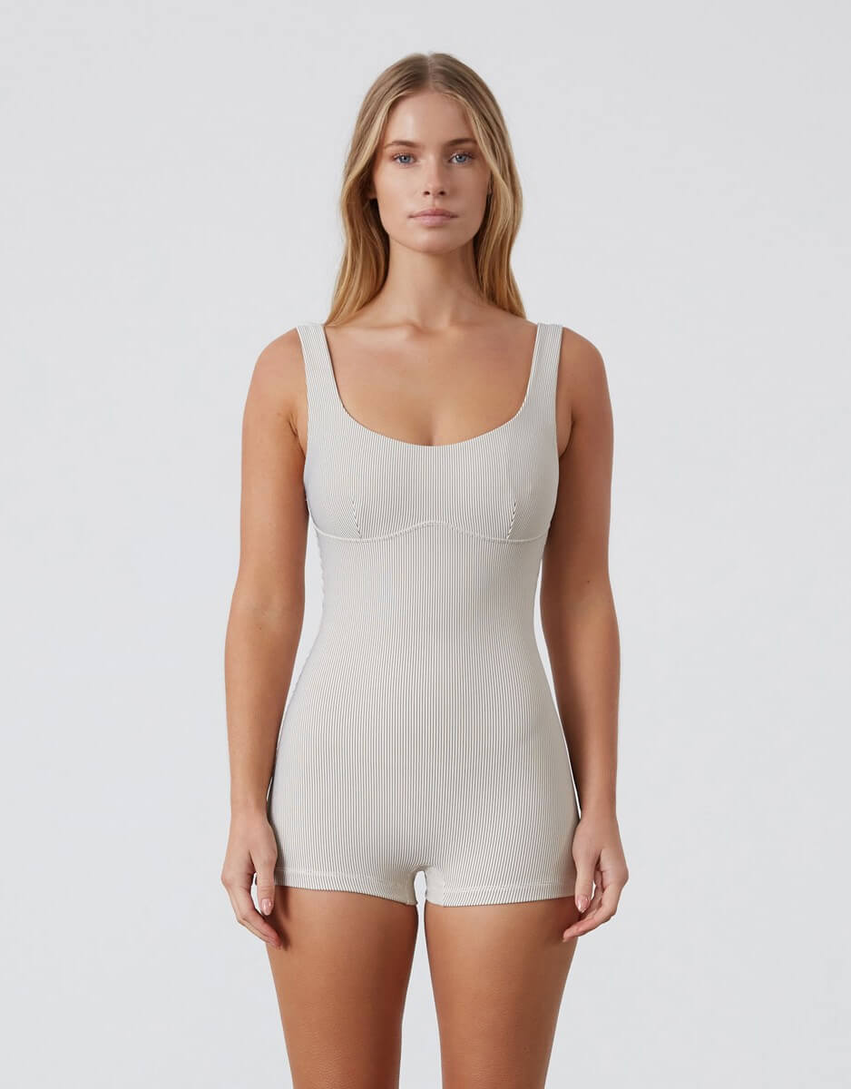 Zulu and Zephyr Coconut Stripe Rib Bralette Bodysuit Cream Activewear