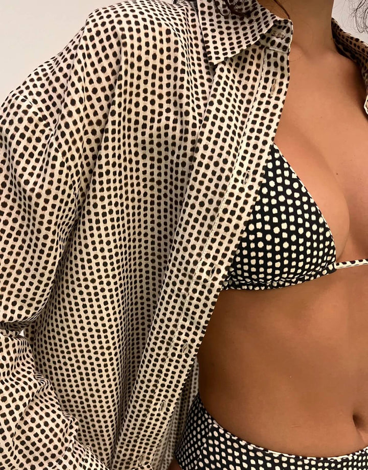 Zulu and Zephyr Reversible Tie Triangle Bikini Top Natural Spot – Front View