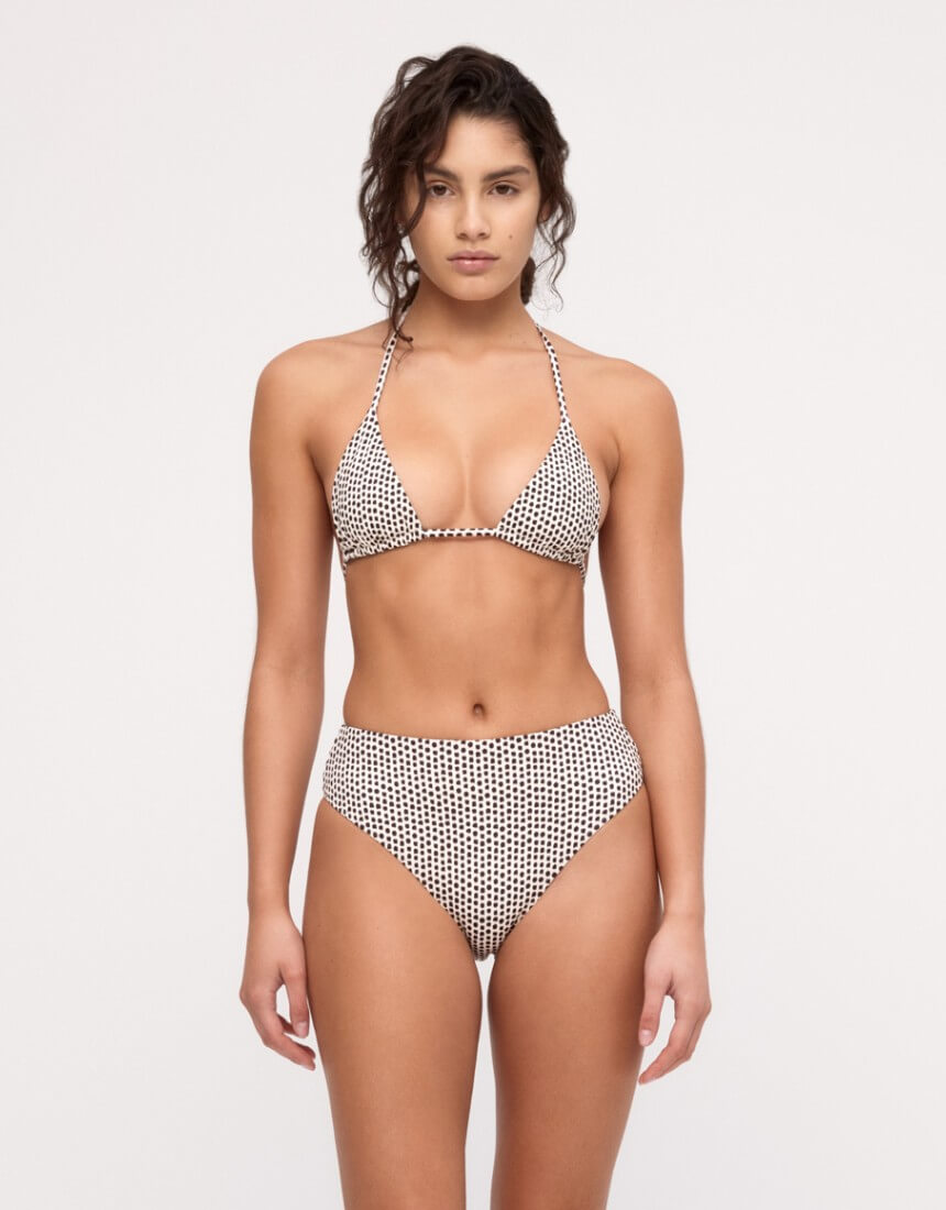 Zulu and Zephyr Reversible Tie Triangle Bikini Top Natural Spot – Front View