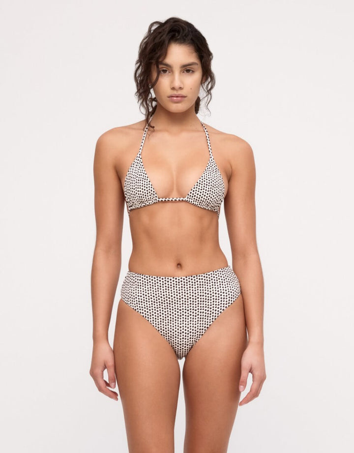 Zulu and Zephyr Reversible Tie Triangle Bikini Top Natural Spot – Front View