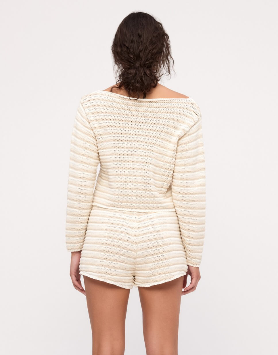 Zulu and Zephyr Cotton Lattice Knit top and Short Natural Stripe – back close

