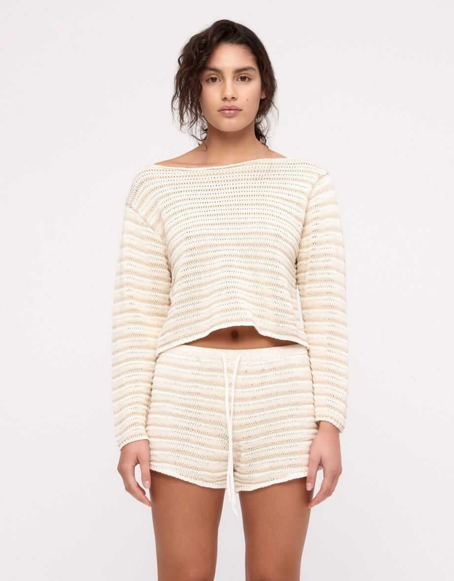 Zulu and Zephyr Cotton Lattice Knit top and Short Natural Stripe – front close