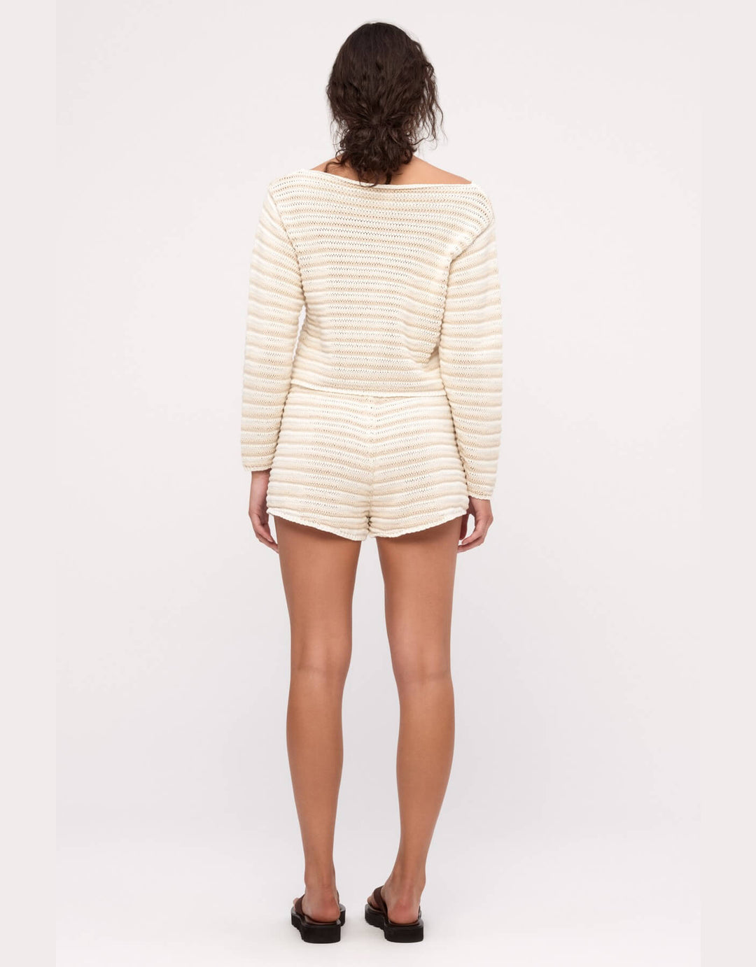 Zulu and Zephyr Cotton Lattice Knit top and Short Natural Stripe – back View