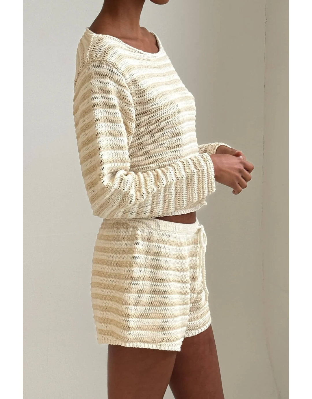 Zulu and Zephyr Cotton Lattice Knit top and Short Natural Stripe – side close