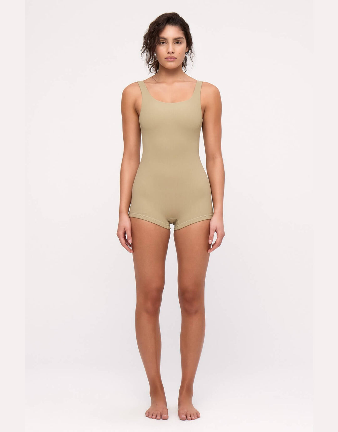 Model wearing Zulu and Zephyr Stripe Rib Bodysuit in Olive