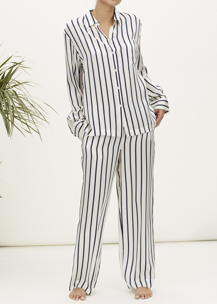 Asceno Navy Stripe Printed Silk Pajama Pant