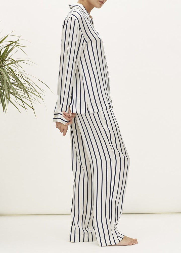 Asceno Navy Stripe Printed Silk Pajama Pant