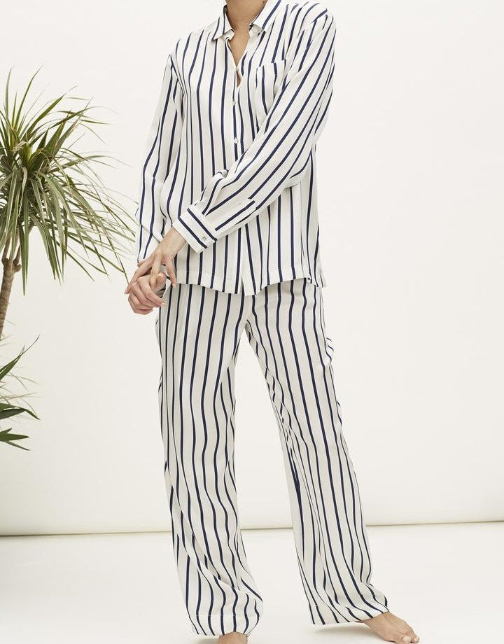 Asceno Navy Stripe Printed Silk Pajama Pant