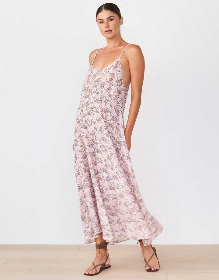 Acacia Emmett Tencel Midi Summer Dress Pink Floral Meadow Print