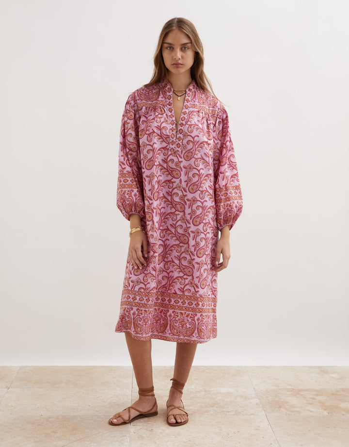 Boteh Kiki Nazar Midi Cotton Dress - Pink
