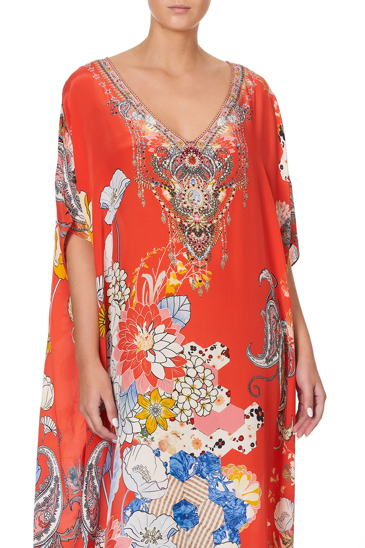 Camilla Paisley in Patches V Neck Kaftan Maxi Dress Red Floral Silk