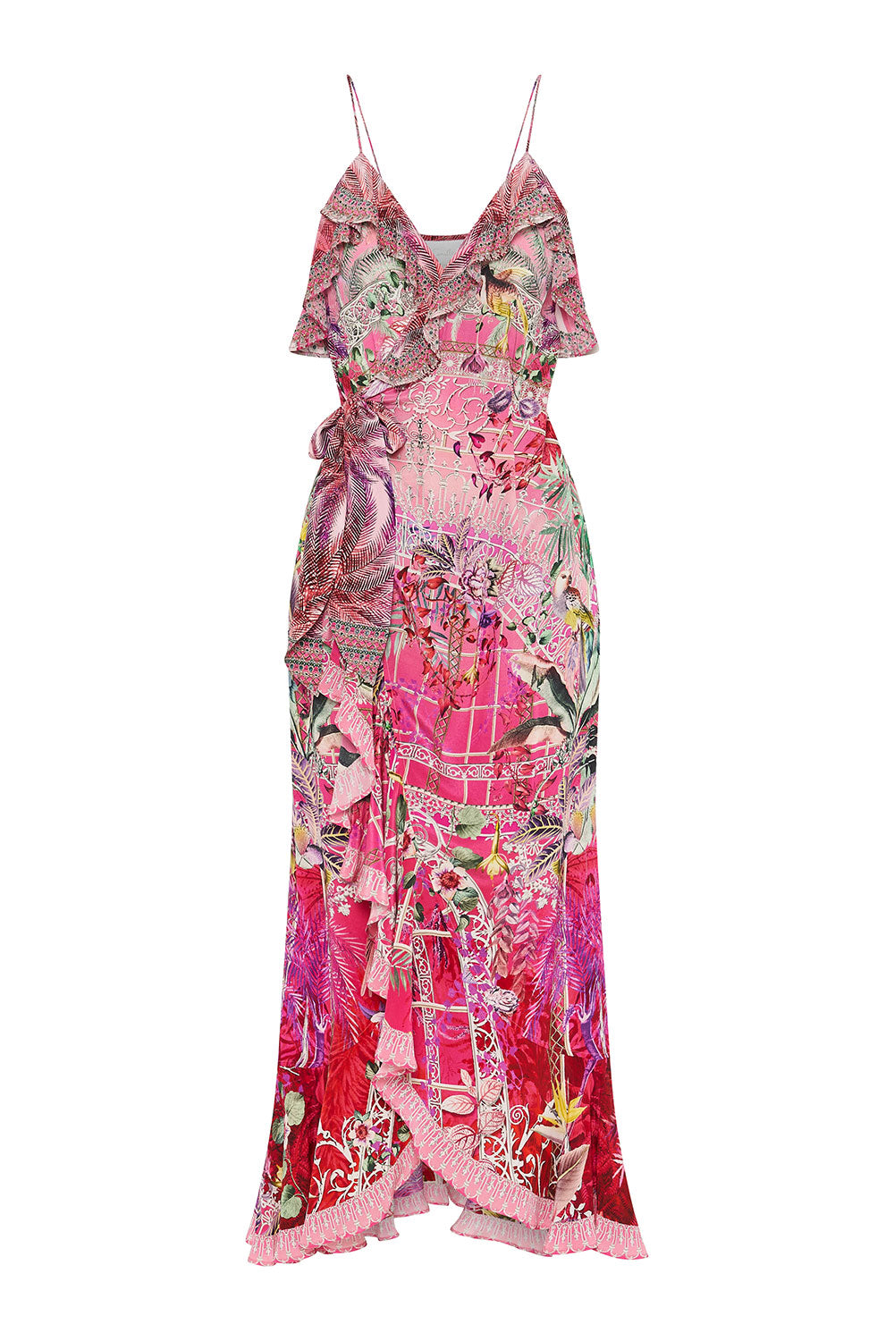 Camilla Long Wrap Dress with Frill Pink SIlk Glass House Romance 