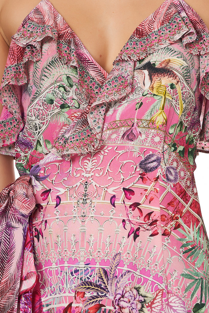 Camilla Long Wrap Dress with Frill Pink SIlk Glass House Romance 
