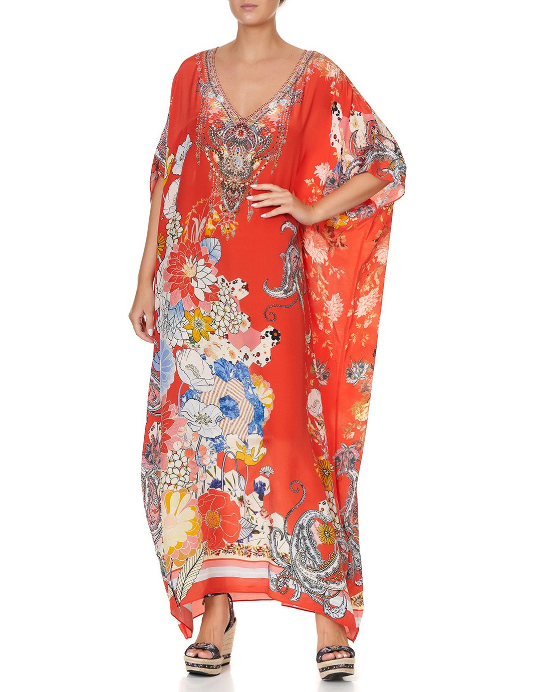 Camilla Paisley in Patches V Neck Kaftan Maxi Dress Red Floral Silk