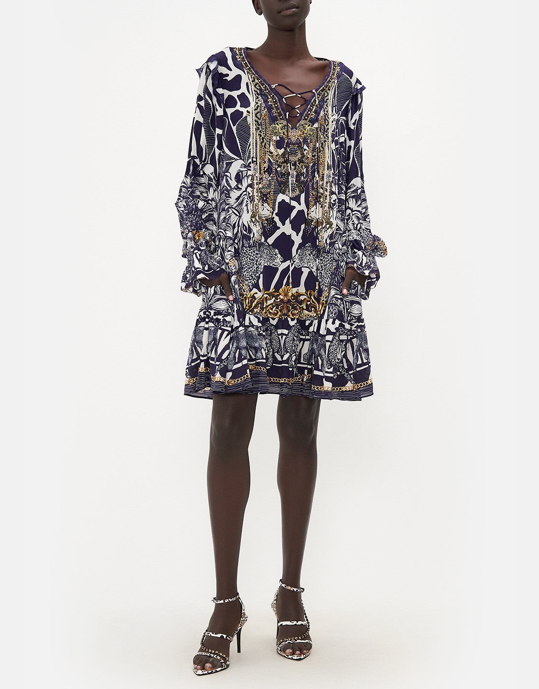 Camilla Ruffle Lace Up Silk Mini Dress Where s Your Head At Print